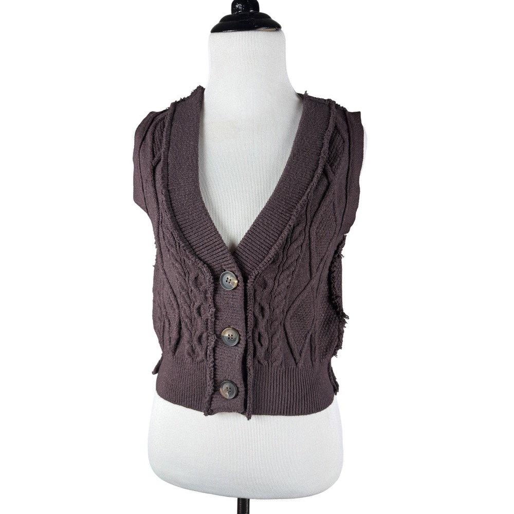 Free People Boho Brown‎ Cable Chunky Knit Cropped Button Up Sweater Vest Small - Picture 2 of 8